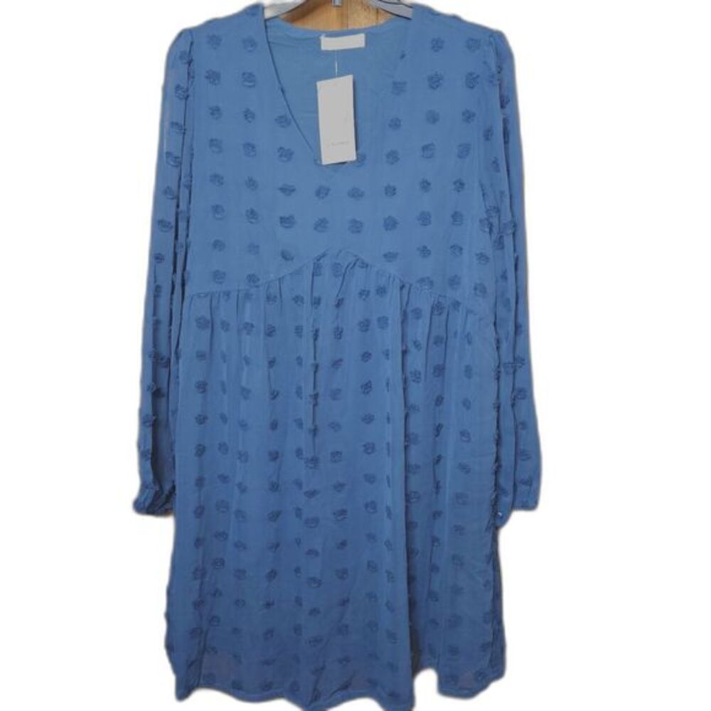 KIRUNDO Women's Swiss Dot Babydoll Dress Small Blue Long Sleeve Flowy Boho